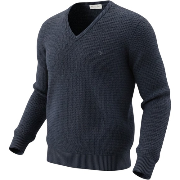 Christian Dior Other - Vintage Christian Dior Monsieur Men Navy Blue V-Neck Waffle Knit Sweater MEDIUM